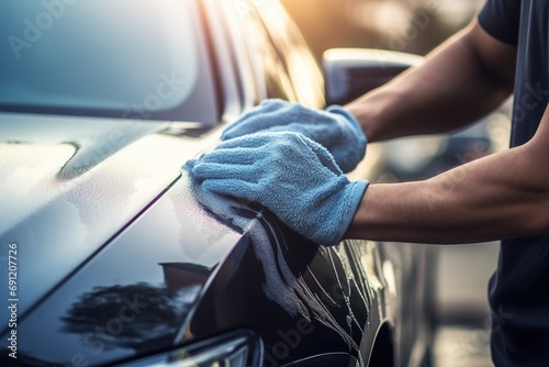 A man cleaning car with microfiber cloth, car detailing (or valeting) concept. Car wash background photo