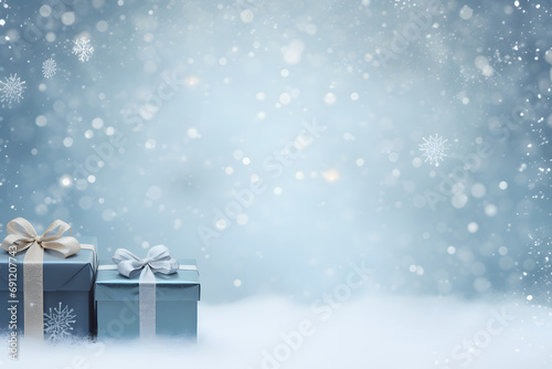 new year winter gift boxes on ground covered with snow background © DailyLifeImages