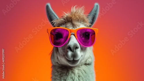 Creative animal concept. Llama in sunglass shade glasses isolated on solid pastel background © Boraryn