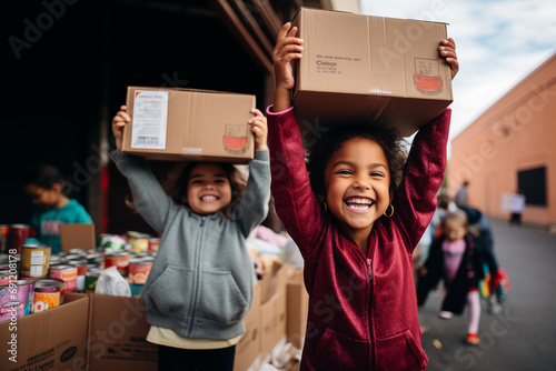 Children assisting in community food drives, with space for quotes on eradicating hunger photo