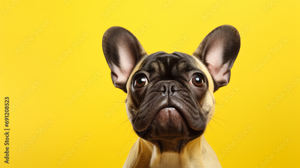 Süß schauende Französische Bulldogge auf gelbem Hintergrund.