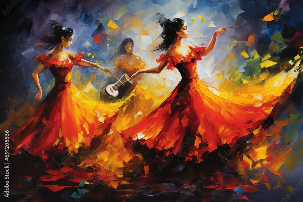 Flamenco Spanish Dancers abstract art with vivid passionate colours - obrazy, fototapety, plakaty 