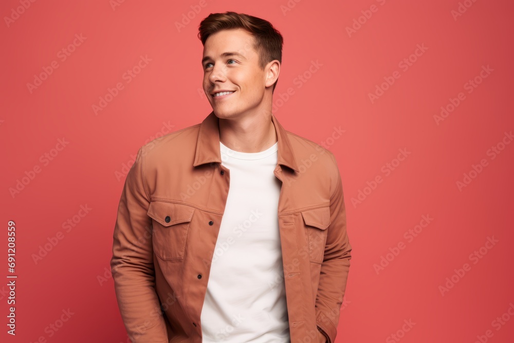 Handsome young man in casual clothes looking away and smiling while standing against red background Handsome young man in casual clothes looking away and smiling while standing against red background