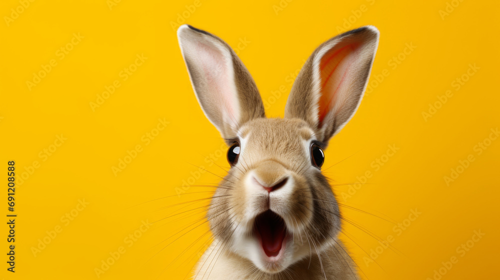Fototapeta premium Lustiger Hase mit staunendem offenem Mund auf gelbem Hintergrund.