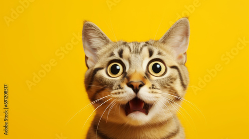 Lustiges Bild einer Katze mit erschrecktem Blick auf gelbem Hintergrund. photo