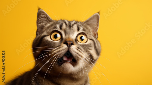 Lustiges Bild einer Katze mit erschrecktem Blick auf gelbem Hintergrund. photo