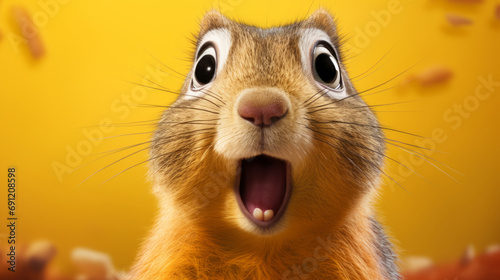 Lustiges Eichhörnchen mit staunendem offenem Mund auf gelbem Hintergrund.