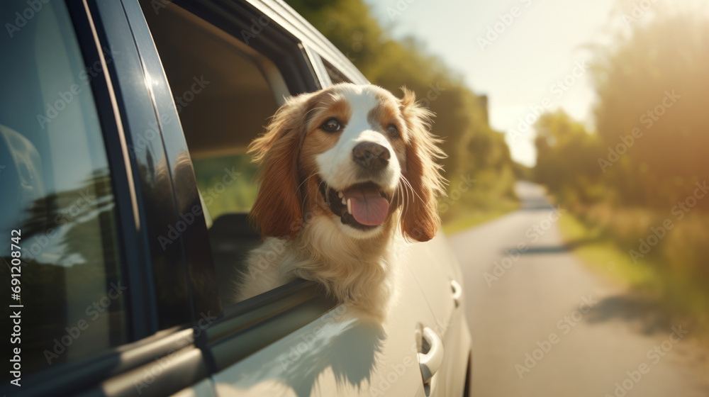 Ein fröhlicher Hund genießt die Autofahrt bei Sonnenschein und schaut aus dem Fenster.