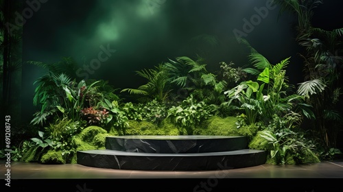 Green podium in tropical forest for product presentation and green wall