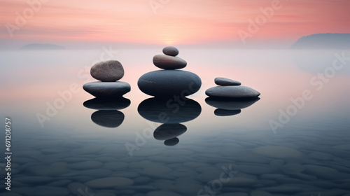 Bild der Entspannung mit gestapelten Steinen  Steinm  nnchen  Steinmandl oder Steindauben  in einem Natursee bei r  tlichem Himmel. Orientierung. Wegweisend.