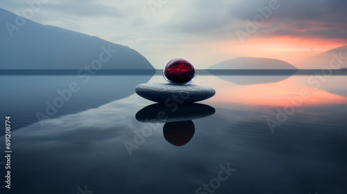 Natursee der Entspannung mit einem grauen Stein auf dem ein magisch glänzender roter Stein liegt.  photo
