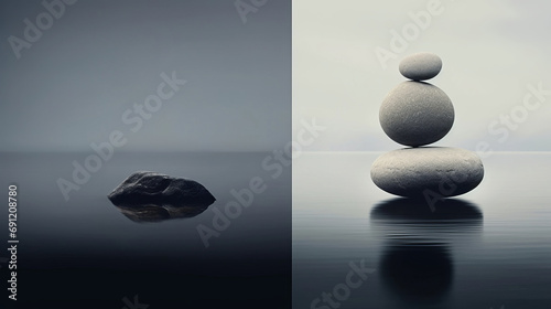 Bild der Entspannung mit einem einzelnem schwarzem Stein und gestapelten grauen Steinen (Steinmännchen, Steinmandl oder Steindauben) im Wasser. Hilfe zur Orientierung. Wegweisend.