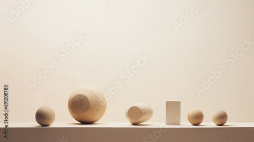 Abstrakt künstlerische Holzobjekte, nebeneinander liegend auf einem Holztisch. photo