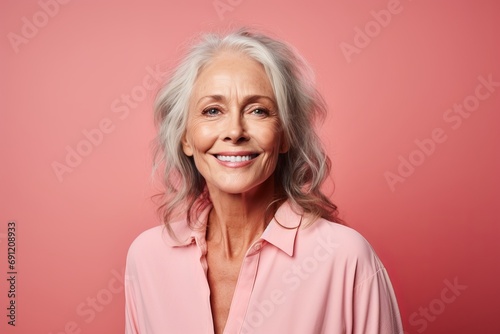 Smiling senior woman looking at camera. Isolated on pink background.