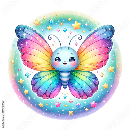 A whimsical butterfly character surrounded by stars