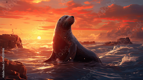 sea lion at sunset
