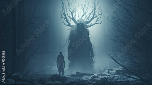 A malevolent wendigo stalking its prey in a snowy wilderness photo