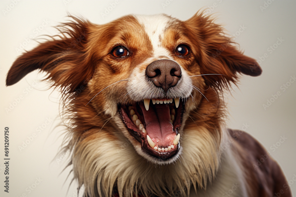 cachorro feliz com a boca aberta rindo em um fundo branco cachorro feliz com a boca aberta rindo em um fundo branco