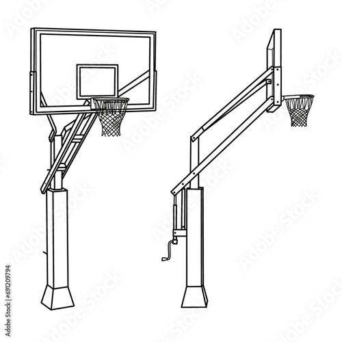 Equipment for basket ball sport games, basketball hoop and net, isometric and side view, vector illustration isolated on white background. 
