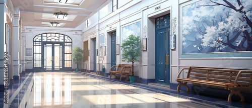 Spacious white and blue luxurious building hallway decorated with oriental paintings © 일 박