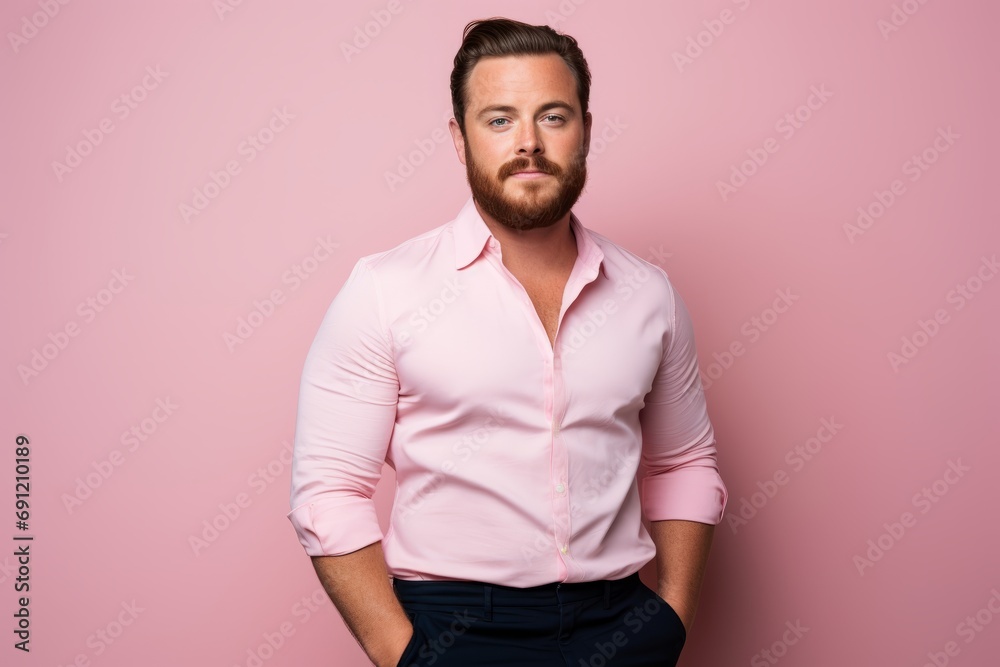 Portrait of a handsome bearded man in pink shirt on a pink background. Portrait of a handsome bearded man in pink shirt on a pink background.