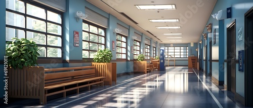 A clean and spacious building hallway with a school atmosphere photo