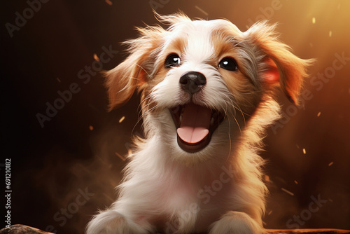 cachorro feliz com a boca aberta rindo em um fundo branco photo