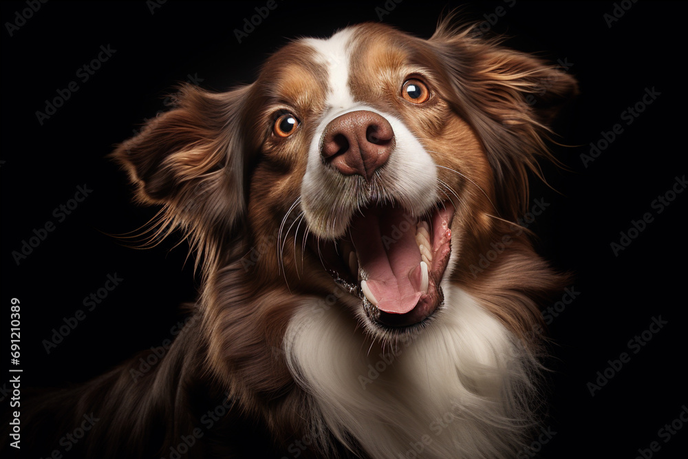 cachorro feliz com a boca aberta rindo em um fundo branco