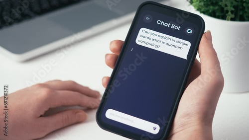 Asking an AI chatbot a question and getting the answer. Searching for business-related inform ation using artificial intelligence, entering a prompt.