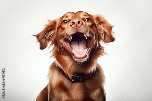 cachorro feliz com a boca aberta rindo em um fundo branco photo