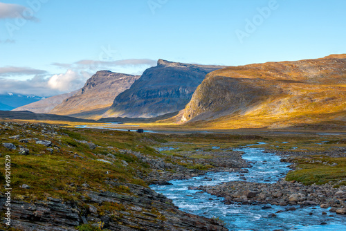 Emergency huts on Kungsleden hiking trail between Salka and Singi in autumn, Lapland, Sweden © Alena V