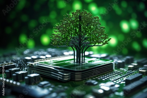 Tree growing on the converging point of computer circuit board. Green computing, Green technology, Green IT, CSR, and IT ethics. Concept of green technology. 