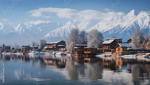small village houses with river lake with snowy mountain at background
