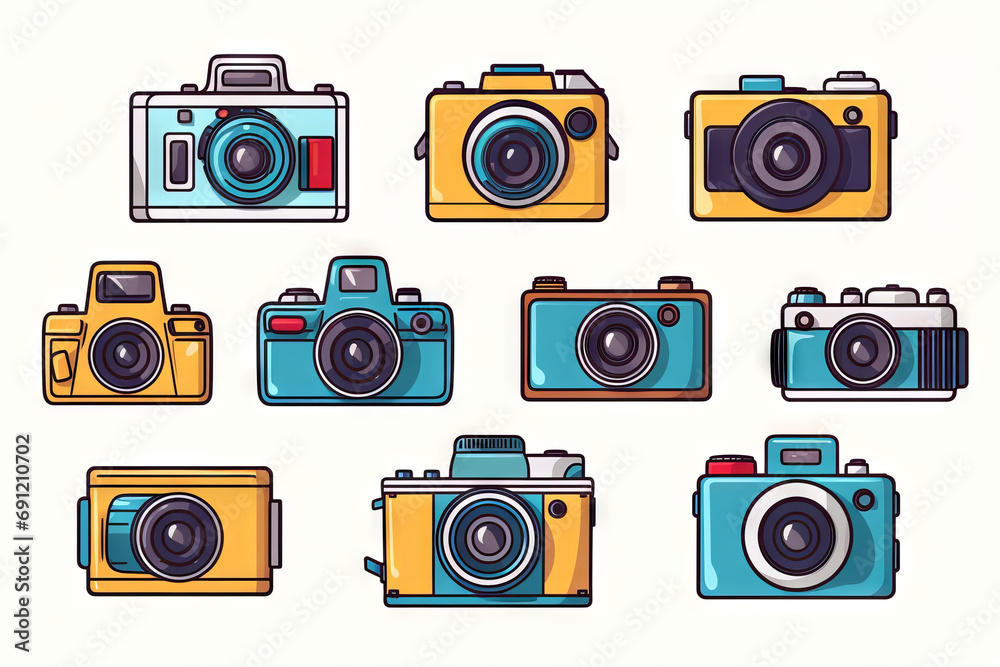 Cartoon illustration of various cameras arranged in a graphics sheet isolated on a white background Cartoon illustration of various cameras arranged in a graphics sheet isolated on a white background