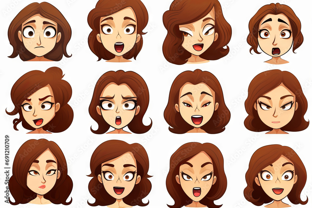 Cartoon illustration of an expression page, female character, isolated on a white background Cartoon illustration of an expression page, female character, isolated on a white background