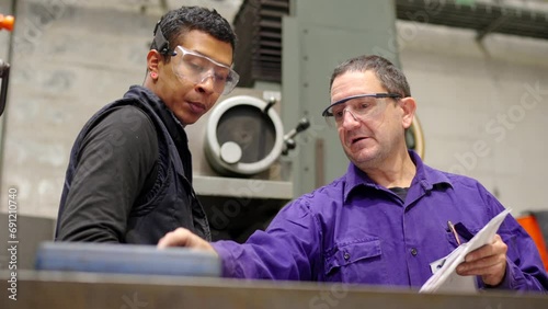 Video of a mature engineer explaining the operation of a machine to a young worker in a cnc factory