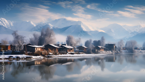 small village houses with river lake with snowy mountain at background © DailyLifeImages