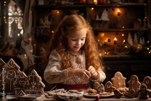 Christmas Cookie Magic: In a warm ambiance, a young baker creates gingerbread figures, infusing the air with the enchanting aroma of holiday sweetness