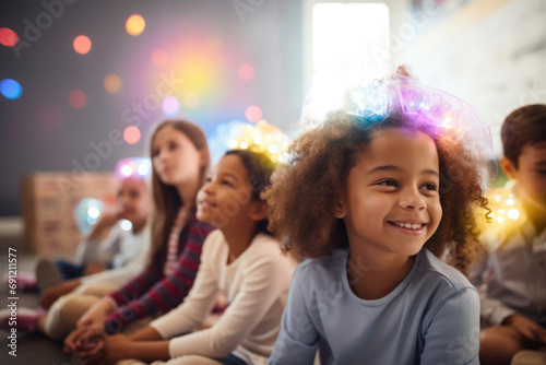 Youngsters with luminous, diverse lights adorning their hair, exemplifying neurodiversity and underscoring the individuality inherent in each child