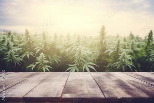 An empty white wooden tabletop against a blurred background of marijuana plants - a versatile surface for diverse visual themes, copyspace