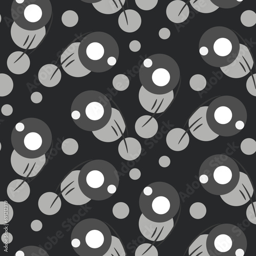 Abstract geometric seamless decorative pattern. Dark grey background with circles and dots explosion.