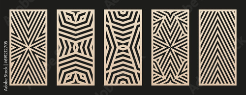 Laser cut, modern CNC cutting patterns. Vector set with abstract trendy geometric ornament, lines, stripes, grid, lattice. Stencil for cutting of wood panel, metal, paper, plastic. Aspect ratio 1:2