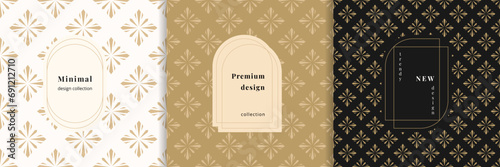 Vector golden patterns set. Luxury floral seamless ornaments in traditional Arabian, Moroccan, Islamic style. Gold abstract flower mosaic background texture. Modern minimal labels. Premium design