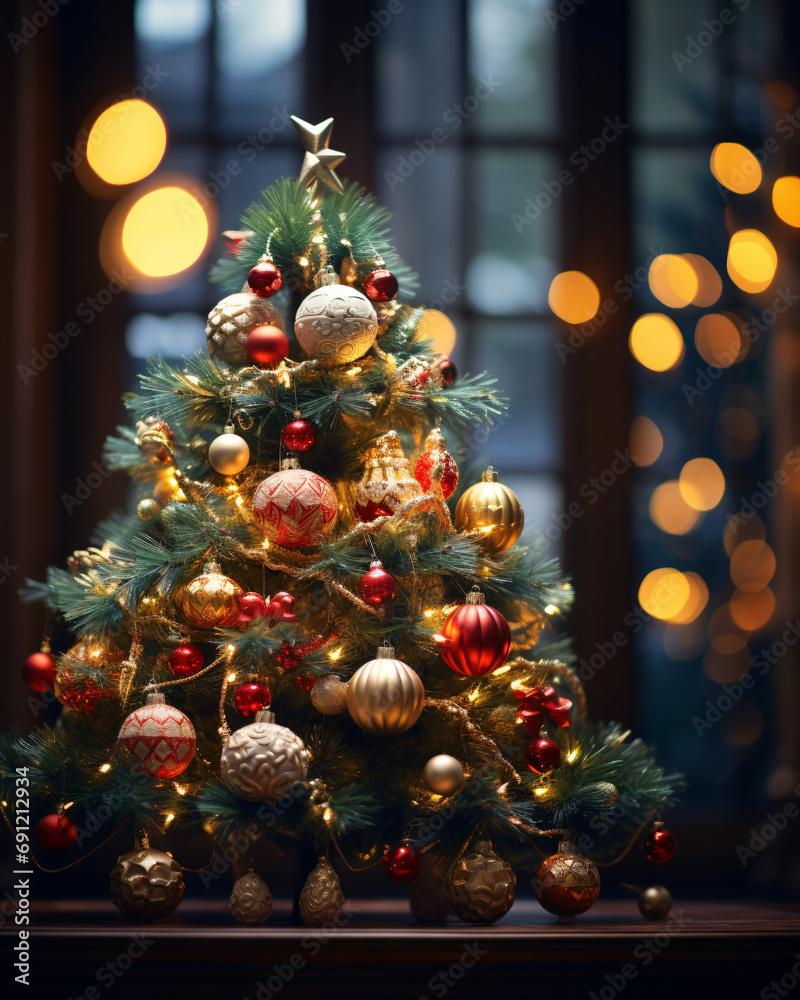 Christmas tree beautifully decorated with festive ornaments. Generative AI Christmas tree beautifully decorated with festive ornaments. Generative AI
