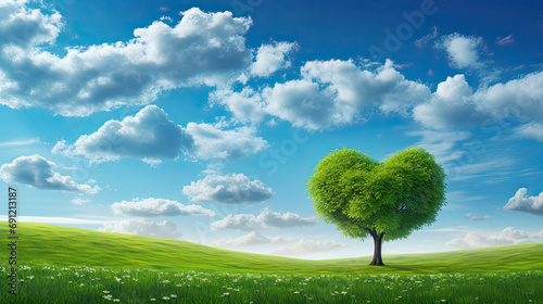 Green heart shaped tree over cloudy blue sky background. Love, nature, environment concept