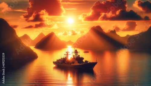 Military navy ships in a sea bay at sunset 
