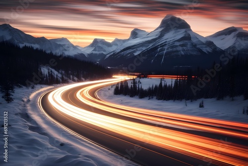 a highway road with cars moving fast with motion blur between snowy mountains