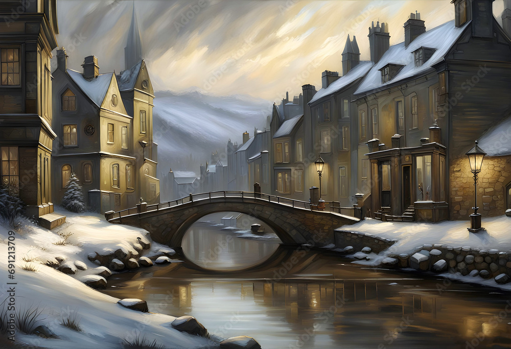 street view of an old fashioned english northern town in winter at twilight with old stone houses and shop in snow and a bridge crossing a river - obrazy, fototapety, plakaty 