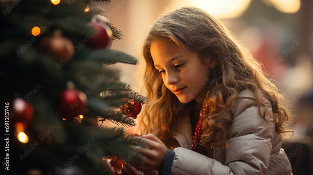 Christmas tree beautifully decorated with ornaments and a little girl actively decorating Christmas tree beautifully decorated with ornaments and a little girl actively decorating