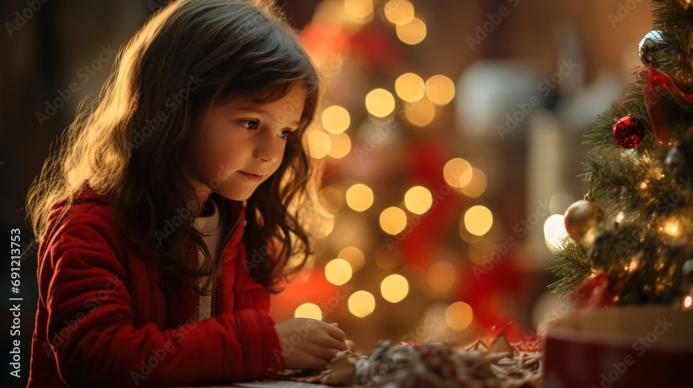 Christmas tree beautifully decorated with ornaments and a little girl actively decorating Christmas tree beautifully decorated with ornaments and a little girl actively decorating